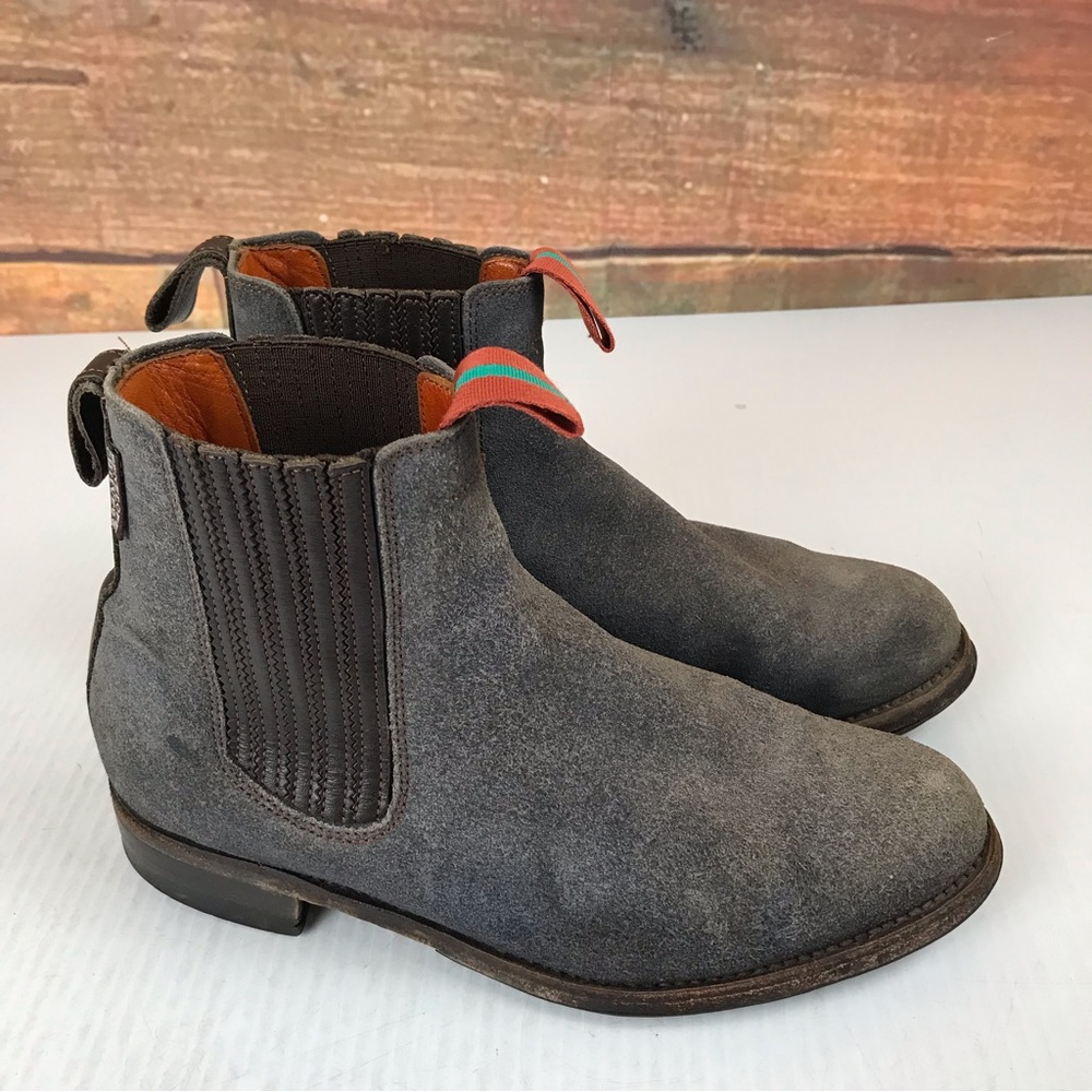 Penelope Chilvers Gray Suede Chelsea Ankle Boots with Orange & Green Pull Tabs